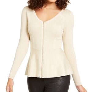 NWT Thalia Sodie Gold Metallic Shimmer Long Sleeve Zip Peplum Sweater Size M